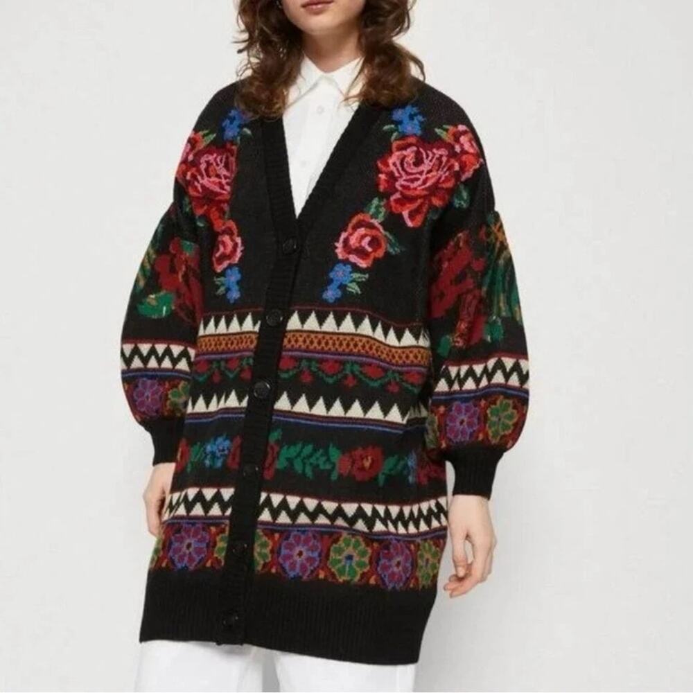 FARM Rio Floral Tapestry Long Cardigan Sweater Oversized Wool Blend Size S NEW